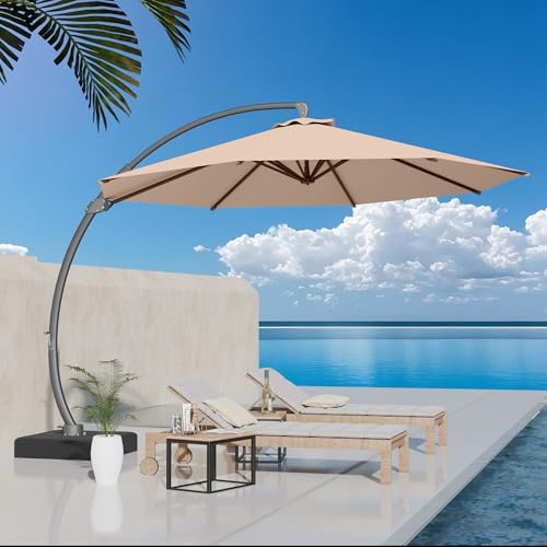 Kingdura 12ft Offset Cantilever Patio Umbrella with Base Included, Large Round Aluminum Outdoor Umbrella, 360° Rotation & Infinite Tilt, Heavy Duty Frame for Deck Pool Backyard, Beige - color: Beige, size: 12 FT