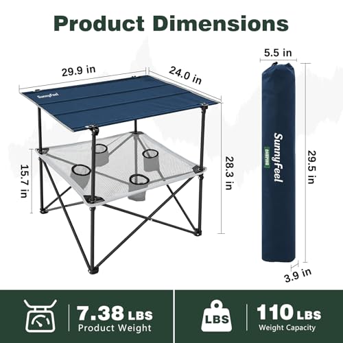 SUNNYFEEL Folding Camping Table- Collapsible Portable Beach Table with 4 Cup Holders & Carry Bags, Tailgate Table for Outdoor Excursion Picnic Hiking Fishing Travel Parties, Blue