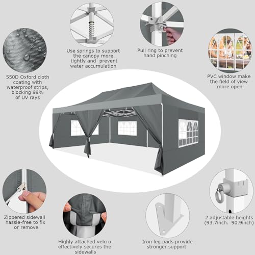 COBIZI 13x26 Heavy Duty Pop Up Canopy Tent with 6 Sidewalls Thicken Frame, Commercial Easy Up Outdoor Wedding Party Tents, All Season Waterproof Windproof with Stakes Sandbags Ropes Roller Bag, Gray - color: Gray, size: 13x26