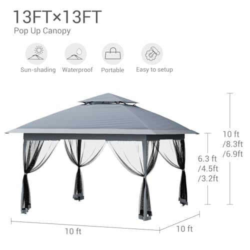 13X13 Pop Up Gazebo,Outdoor Canopy Tent with Mosquito Netting, Double Vented Roof Sun Shelter with Adjustable Heights,Outdoor Gazebo for Backyard & Patio Furniture.（Grey） - color: Gray