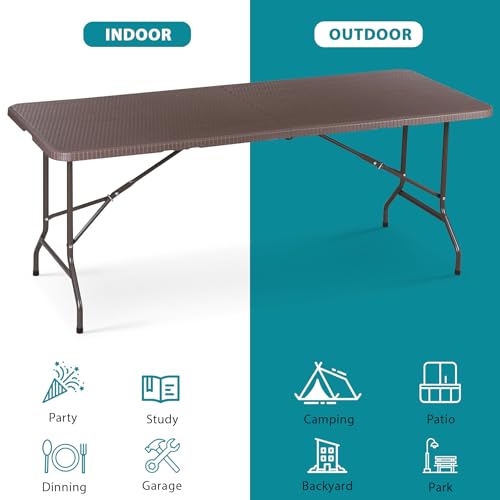 JupiterForce 6ft Plastic Folding Table, Indoor Outdoor Portable Heavy Duty Foldable Camping Table, Fold-in-Half Utility Table Dining Picnic Table for Party Wedding Event, Brown - color: Brown, size: 6FT