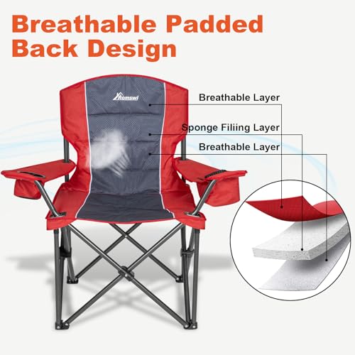 Romswi Oversized Camping Chairs,Heavy Duty Support 500 LBS,Padded Back & Arm Sport Chairs, Cup Holder Cooler Bag, Collapsible Folding Chairs for Outdoor, Fishing & Garden, Red,2-Pack - color: Red
