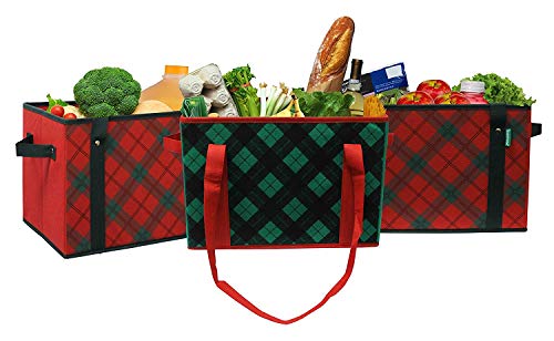 Earthwise Deluxe Collapsible Reusable Shopping Box Grocery Bag Set with Reinforced Bottom Plaid Holiday Xmas Christmas Design Storage Boxes Bins Cubes (Set of 3) (Holiday) - color: Green