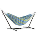 Vivere Double Cotton Hammock with Space Saving Steel Stand, Upgraded Polyester End Strings 450 lb Capacity - Premium Carry Bag Included - USA Grown Cotton (Oasis) - color: Oasis