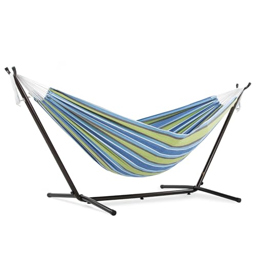 Vivere Double Cotton Hammock with Space Saving Steel Stand, Upgraded Polyester End Strings 450 lb Capacity - Premium Carry Bag Included - USA Grown Cotton (Oasis) - color: Oasis