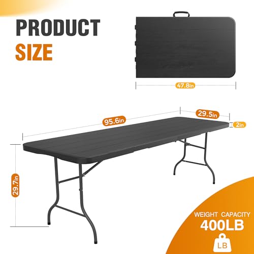 8 Ft Plastic Folding Table,Heavy Duty Portable Table for Indoor & Outdoor,Wood Grain Desktop & 400lbs Weight Capacity,Premium Solutions for Camping,Picnic,BBQ and Party - size: 8 ft (1-Pack) - Black