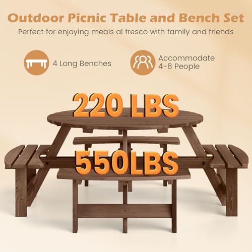 Giantex 8-Person Round Picnic Table Set with 4 Benches, 550 LBS Bench Capacity, 2" Umbrella Hole, Circular Outdoor Wood Dining Table & Chairs for Patio Yard Garden Porch Deck (71”x71”x28”,Brown) - color: Brown, size: 71”x71”x28”