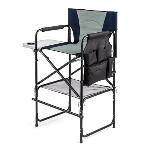 mefeir 31" Extra Tall Director Chair w/Side Table, Heavy-Duty Steel Frame Portable Folding Bar Stool w/Storage Pockets, for Makeup Artist, Salon, Studio, Camping, 300 lbs Capacity (Navy) - color: Navy/Sage Green, size: 31in
