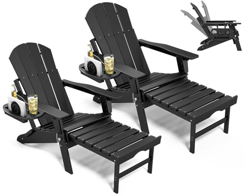 NAVINE Adjustable Adirondack Chair with Retractable Ottoman Set of 2, HDPE Folding Adirondack Chair with Cup Holder, All Weather Fire Pit Chair for Outdoor. - color: Black, size: 2 pcs