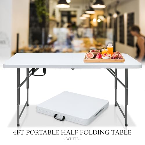 AJP Distributors 4 Foot Portable Plastic Folding Table 4FT 48" Half Foldable Heavy Duty Top w/Carry Handle - Indoor Outdoor Backyard Camping Picnic BBQ Party Wedding Dining Office Event Meeting White - color: White, size: 4 Foot
