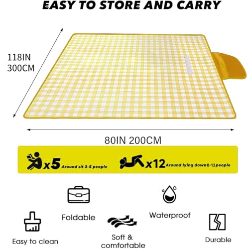 80" x 120" Sandproof Waterproof Picnic Blanket, Beach Mat for Outdoor Camping Hiking Park, Portable with Tote Bag, Non-Stick Sand & Grass, Foldable for Indoor Outdoor Use (Yellow) - color: Yellow