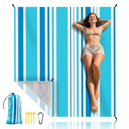 Beach Blanket Waterproof Sandproof Beach Mat 79" X 83" for 2-8 Adults, Sand Free Mat Quick Drying for Travel, Camping, Hiking with 4 Stakes & 4 Corner Pockets (Stripe) - color: Stripe
