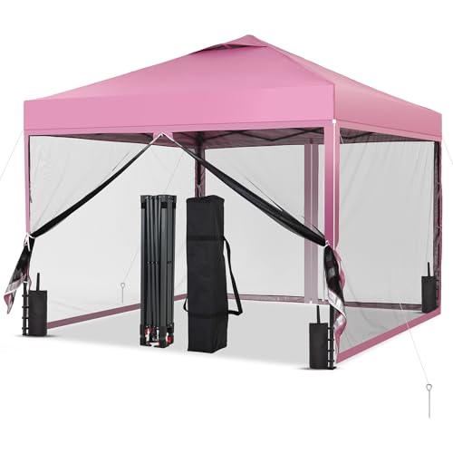 GDY 10x10 Pop up Canopy Tent with Mosquito Netting, Easy up Gazebo for Patio, Camping and Garden, Includes 4 Sandbags, Pink - color: Pink, size: 10x10 with Mosquito Netting