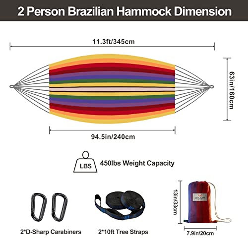 CHULIM Brazilian Double Hammock with Tree Straps,Extra Large 240x160cm,2 Persons Hammock for Backyard Patio Outdoor and Indoor,450lbs Weight Capacity,Soft Woven Cotton Fabric - color: Red Stripe