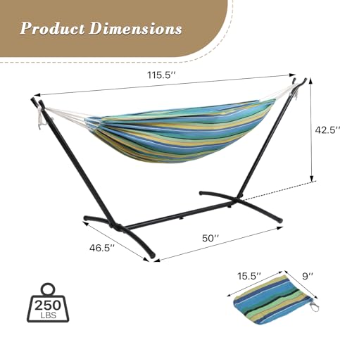 Athena Collection Double Hammock with Stand for Outside, Heavy-Duty Steel Stand 250 Lbs Weight Capacity, Portable Outdoor Hammock Swing with Carry Bag for Indoor, Outdoor, Backyard, Blue Yellow - color: Blue Yellow