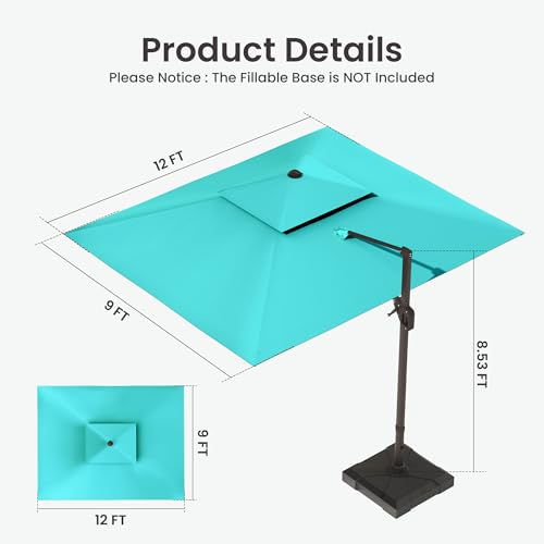 9x12 FT Cantilever Patio Umbrella with Led Lights Double Top Outdoor Rectangular Large Heavy Duty Aluminum Offset Umbrellas with 7 Level Tilt 360-degree Rotation for Pool Garden Deck, Turquoise - color: Turquoise, size: 9' X 12'-with Light