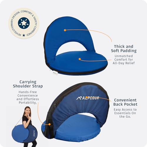 Alpcour Folding Stadium Seat – Deluxe Outdoor Camping Reclining Waterproof Cushion Chair for Bleachers – Best 6-Position Back Support Picnic Bleacher Seats w/Extra Thick Padding for Support & Comfort - color: Royal Blue