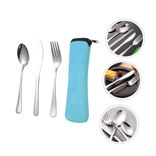 GLEAVI Stainless Steel Cutlery Set 3pcs Portable Fork Spoon Knife Tableware with Blue Carry Bag for Camping Picnic Outdoor Dining
