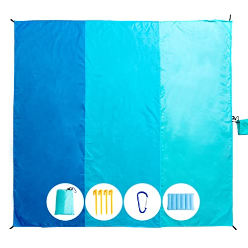 Beach Blanket with Pillow Double-Sided Waterproof Sandproof Extra Large Beach Mat Quick Drying Lightweight with 4 Stakes&4 Corner Pockets 79"*83" for 1-4 Adults for Camping Picnic Travel Hiking - color: Blue, size: 79"*83"