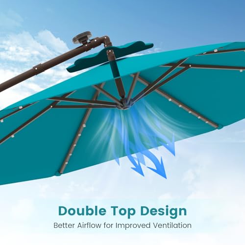 Tangkula 10FT Offset Patio Umbrella with Base Included, Outdoor Cantilever Umbrella with 40 Solar LED Lights, Tilt Adjustment, Crank Handle, Vented Top, Sand Bags for Pool Yard Deck (Turquoise) - color: Turquoise