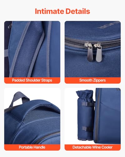 VEVOR Picnic Backpack, Beach Picnic Backpack Bag for 2 Person with Insulated Cooler Compartment, Detachable Bottle/Wine Holder, Lightweight Blanket, Plates & Cutlery Set for Hiking, Camping, Navy Blue - size: single layer for 2 & blue