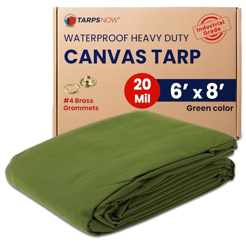 Tarps Now 6x8 ft Waterproof Canvas Tarp| 20 MIL Heavy Duty, Water Resistant, Tear Resistant, Reinforced Edges, Brass Grommets| Ideal for Construction, Trucking, Manufacturing, Camping – Olive Color - size: 6' x 8'
