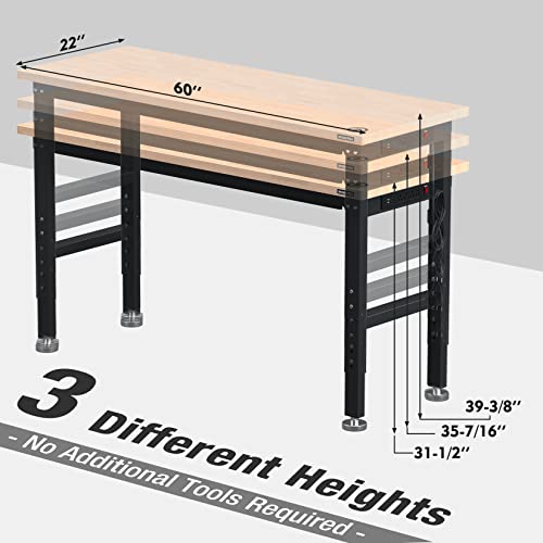 WORKPRO 60" Adjustable Workbench, Rubber Wood Top Heavy-Duty Workstation, 2000 LBS Load Capacity Hardwood Worktable with Power Outlets, for Workshop, Garage - size: 5ft Workbench