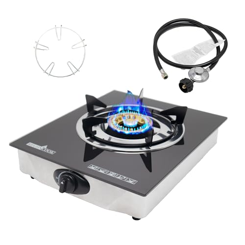 1 Burner Propane Gas Cooktop,Camping Portable LPG Gas Stove, Auto Ignition Tempered Glass Countertop Regulator and Burner Grate - color: Glass