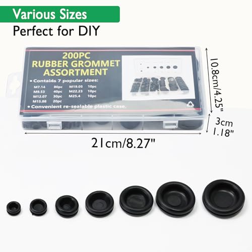 EASYEAH 200PCS Rubber Grommet Kit - M7.14 to M25.4 Rubber Plugs for Round Holes, Waterproof Firewall Wire Grommet for Automotive, Industrial & Home-1/4, 1/2, 3/8, 5/8, 3/4, 7/8, 1 Inch Hole Covers - style: 7 Sizes, 200 pcs, Closed