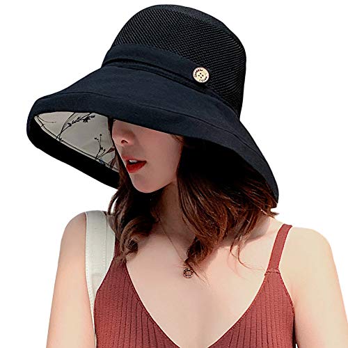 Women Mesh Sun Hats Summer Beach UV Protection UPF Packable Wide Brim Chin Strap - color: Black