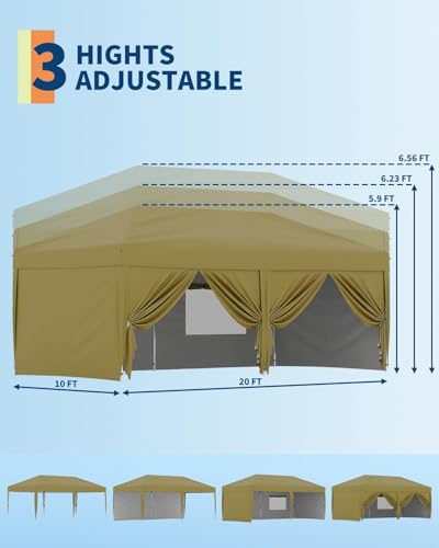 10X20 Pop Up Canopy Tent with 6 Sidewalls – Heavy Duty Commercial Instant Shelter, One-Person Quick Setup Outdoor Party Tent, Water-Resistant & Portable, Khaki - color: Khaki