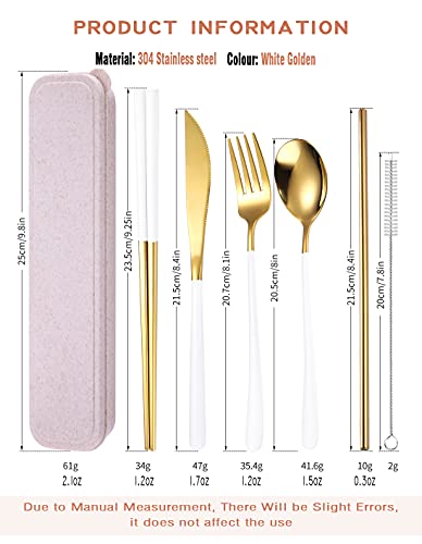 AARAINBOW 6 Pieces 18/8 Stainless Steel Flatware Set Portable Reusable Cutlery Set Travel Utensils Set Including Chopsticks Knife Fork Spoon Straws Cleaning Brush Dishwasher Safe (White golden) - color: White golden