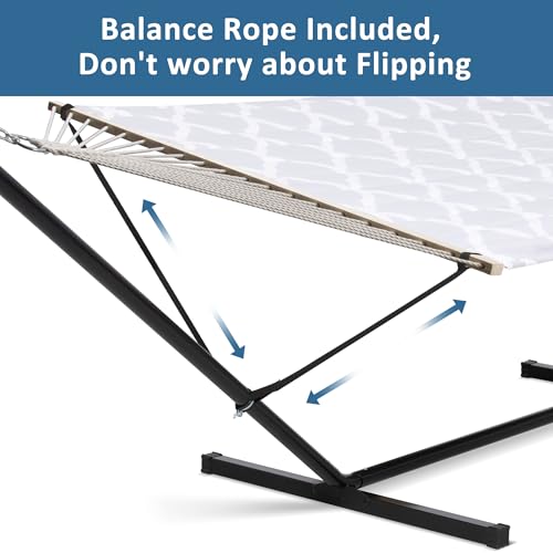 SUNCREAT Double Hammock, Extra Large Quilted Fabric Swing with Hardwood Spreader Bars & Detachable Pillow, Heavy Duty, Perfect for Indoor/Outdoor Patio, Deck, Yard, Gray Cloud - color: Light Gray&white, size: 12 ft Stand
