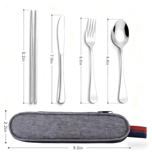 Reusable Travel Utensils Set with Case, Premium Stainless Steel Flatware, Portable Silverware for Lunch, Camping, Picnic, Travel Fork and Spoon Set, To Go Utensils, Dishwasher Safe (Silver) - color: Silver