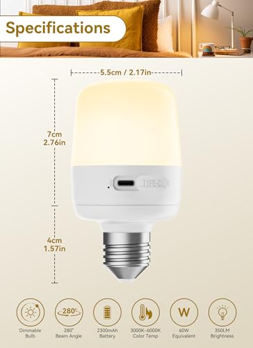 Minetom E26 Rechargeable Light Bulbs with Remote and Timer, Battery Backup Bulb with 12 Colors and Brightness Dimmable, 2300mAh 40W Equivalent LED Light Bulbs for Lamps Sconces Camping, 2 Pack - size: 2 Pack