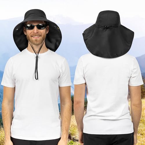 SUN CUBE Wide Brim Sun Hat with Neck Flap, UPF50+ Hiking Safari Fishing Hat for Men Women, Sun Protection Beach Hat - color: Black