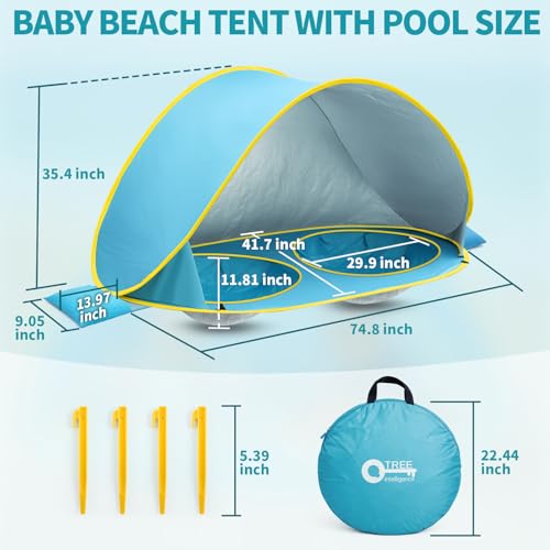 2-IN-1 Baby Beach Tent with 2 Pool for 2 kids,74.8*41.7*35.4 inch UV Protection Sun Shelter Pop Up Play Canopy, Easy setup portable tent for Beach,Camping,Picnic,Poolside,Indoor