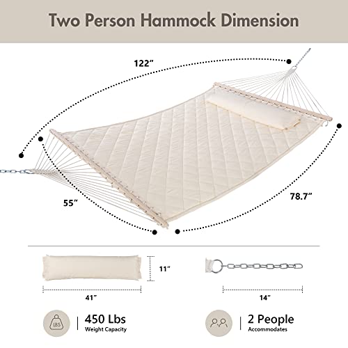 ANOW Two Person Hammock with Spreader Bars and Detachable Pillow, Heavy Duty Hammock for Outdoors Indoors, 450 LBS Weight Capacity, Cream - color: Cream, size: 2 Person Without Stand