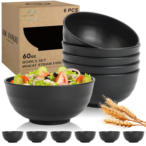Wheat Straw Bowls Set of 6, Unbreakable Lightweight 60 OZ Salad Bowls for Kitchen and Camping, Big Plastic Bowl for Serving, Cereal, Ramen, Soup, Microwave & Dishwasher Safe, Black - color: Black, size: 60 Oz