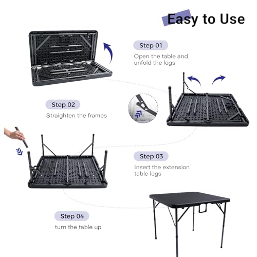 Byliable 34" Square Folding Card Table, Fold-in-Half Utility Dining Portable Table Heavy Duty HDPE Plastic Foldable with Carrying Handle Indoor Outdoor for Picnic, Camping, Party, Black - color: Dark Black