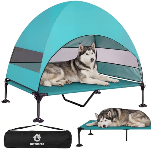 Elevated Dog Bed with UV-Proof Canopy, Outdoor Dog Tent with Powerful Adjustable Feet, Portable Pet Cot with Wider Shade, Raised Cooling Bed for Camping, Patio, Beach, Poolside - color: Aqua, size: X-large: 50.0"l X 32.0"w X 42.5"th