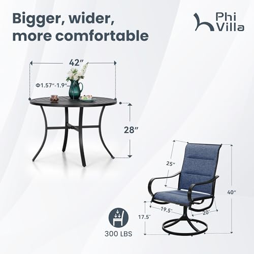 PHI VILLA 5 Piece Outdoor Patio Dining Set with 4 Padded Swivel Dining Chairs & 1 Large Round Dining Table, All Weather Blue Chair and Metal Table for Deck Lawn Garden - color: Blue Padded Fabric, size: 42"Dia x 28"H-Metal-5 Piece
