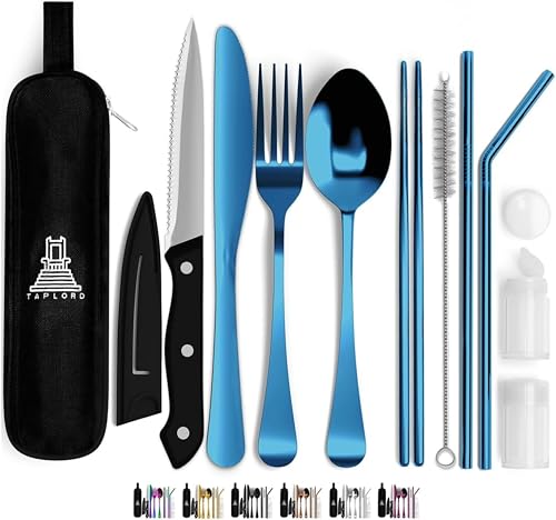 Taplord Portable Travel Silverware Set With Case, Includes 10 Pcs of Travel Utensils With Case, Stainless Steel Flatware Set For Camping, Lightweight (Blue) - color: Blue, size: 10 Pieces