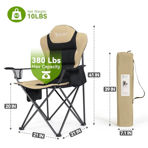 Camping Chairs for Adults, Heavy Duty Camping Chairs 2 Pack, Folding Chairs for Outside, Support 380 LBS, Portable Travel Outdoor Camp Chair with Cup Holder & Cooler Bag, Sports Chairs, Khaki - color: Khaki, size: 2 PCS