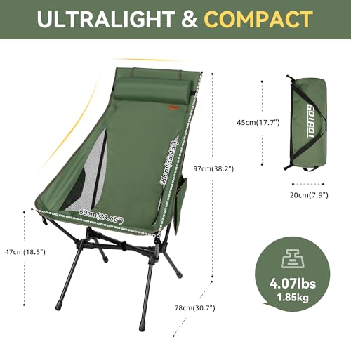 TOBTOS Portable High Back Camping Chair, Support 440 lbs, Ultralight Folding Chair with Head Support, Compact Backpacking Chair for Outdoor Camp Backpacking Fishing (Green) - color: Green-highback