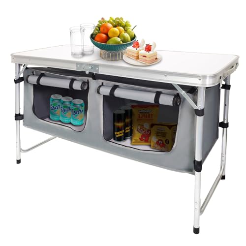 CampLand Outdoor Folding Table Aluminum Lightweight Height Adjustable with Storage Organizer for BBQ, Party, Camping - color: White