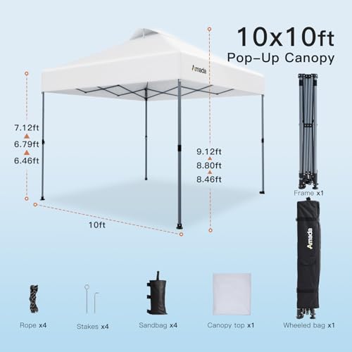 Amada 10x10 Pop Up Canopy Tent, 1-Button Push Easy-up Outdoor Canopy Beach Tent with 3-Height Adjustable Waterproof Shade Shelter, Wheeled STO-N-Go Bag 8 Stakes, 4 SandBags (10x10ft, White) - color: White, size: 10x10ft