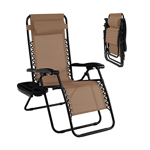 Folding Zero Gravity Reclining Textilene Lounge Chairs, Outdoor Adjustable Patio w/Pillows & Cup Holder Trays for Backyard, Beach, Poolside (BE)