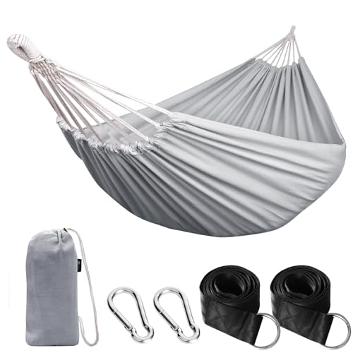 ANYOO Cotton Hammock Portable Camping Hammocks for Hanging Sturdy Garden Comfortable Fabric Hammock with Tree Straps Up to 660lbs with Travel Bag for Camping Outdoor/Indoor Patio Backyard - color: Grey