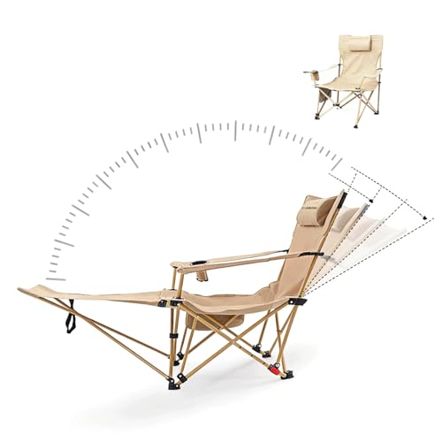 Reclining Camping Chair with Footrest, 4-Position Adjustable Back Folding Lounge Chair for Adult | Heavy-Duty Beach Chairs with Cup Holder & Carry Bag for Beach, Camping, Backyard, Fishing - color: Yellow